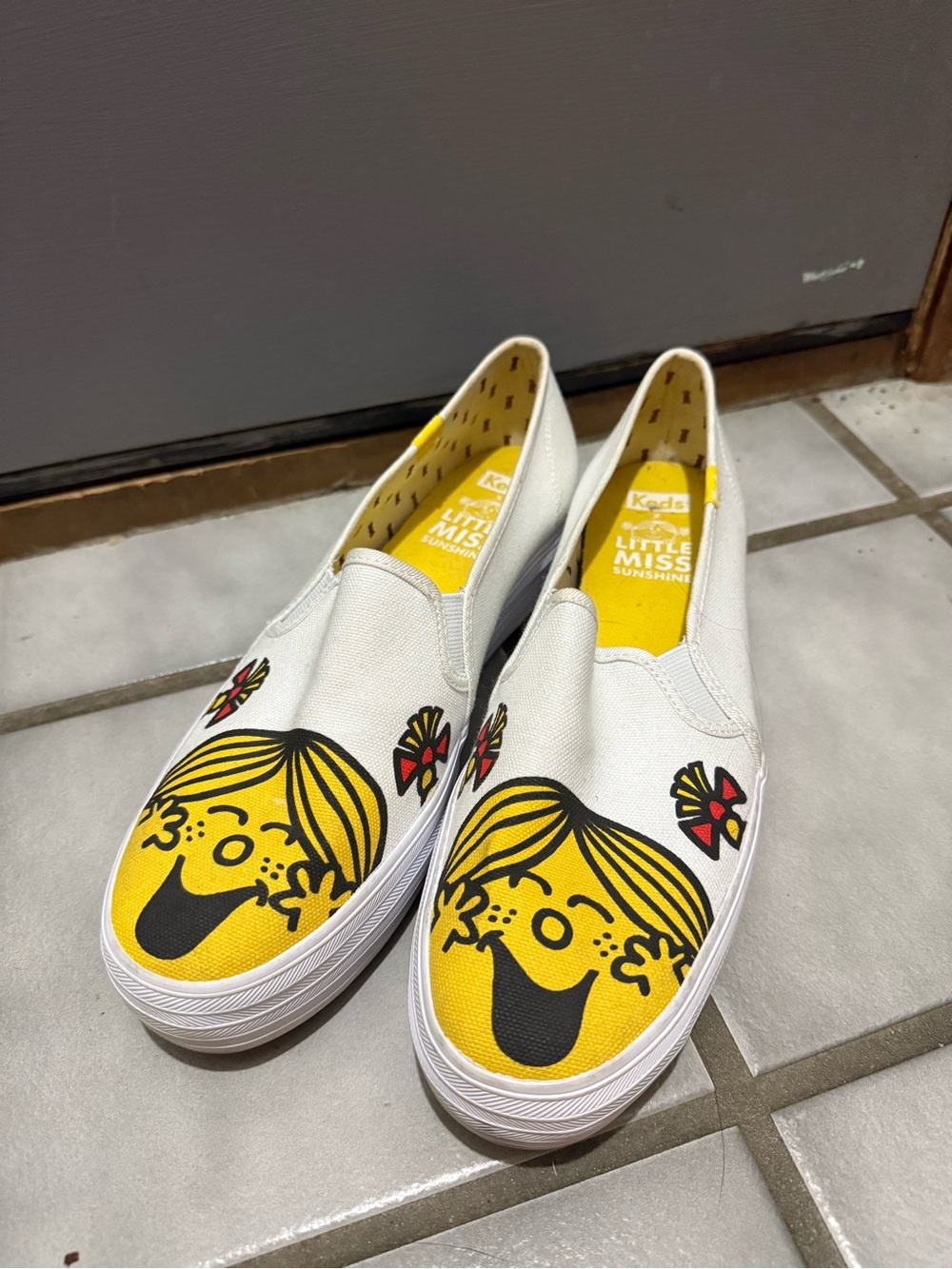 Keds White Canvas Slip-On Mules with Yellow Graphic Toes